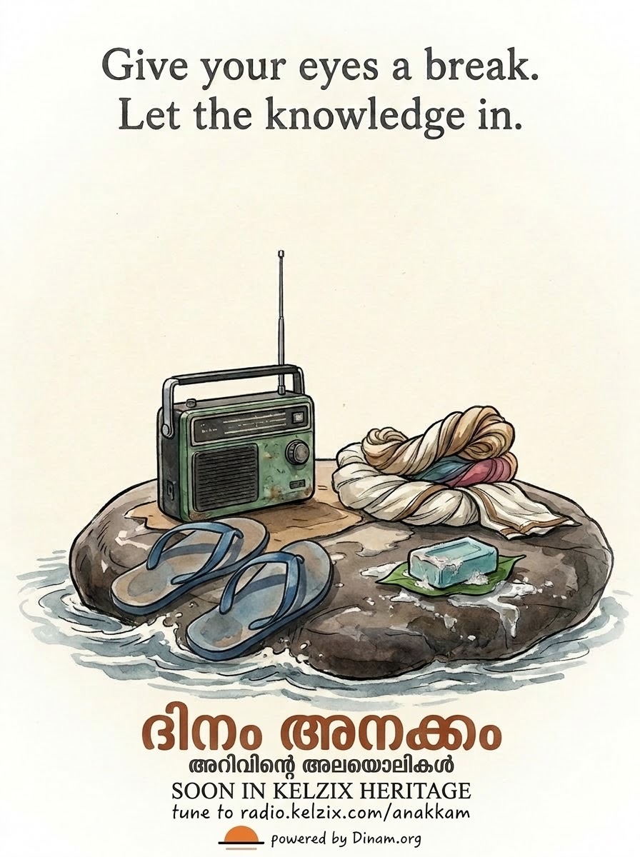 A green transistor radio on a wet river rock, with blue slippers, a folded towel and a bar of soap on a leaf. Text: Give your eyes a break. Let the knowledge in. ദിനം അനക്കം, അറിവിന്റെ അലയൊലികൾ.